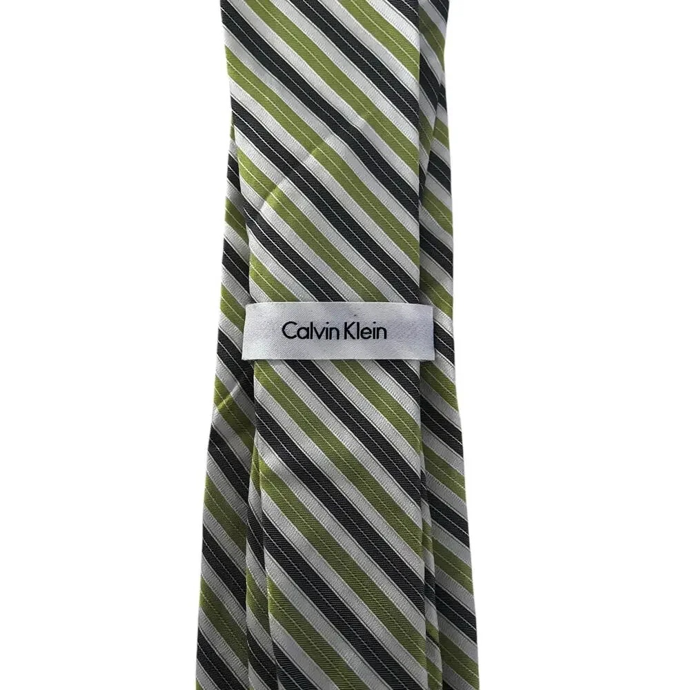 Calvin Klein Men’s Tie lime, green, gray, striped designer 100% Silk